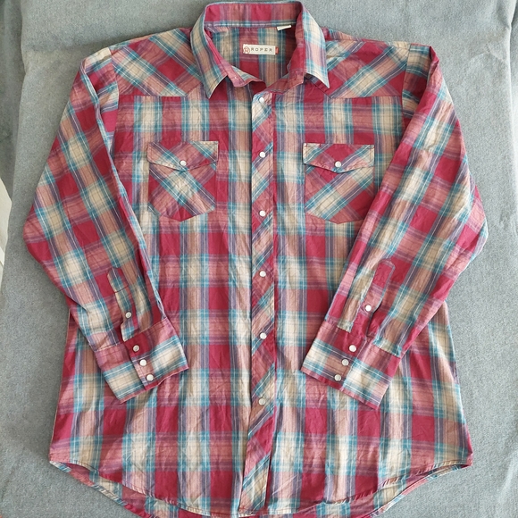 Roper Western Pearl Snap Shirt | Men's 2XL | Red & Blue Plaid Metallic - Picture 2 of 9